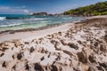 Rough sharp old coral coastline on remote beach with granite rocks, Grand L Anse, La Digue, Seychelles