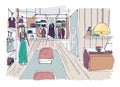 Rough sketch of clothing showroom interior with hangers, shelving, furnishings, mannequin dressed in trendy clothes