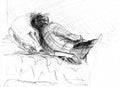 A rough sketch of a dressed woman lying on a sofa. The view from the back. Royalty Free Stock Photo