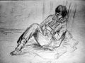 A rough sketch of a female figure in clothes. The girl with glasses sits on the couch with crossed legs and knits. Pencil drawing. Royalty Free Stock Photo