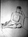 A rough sketch of a female figure in clothes. The girl is sitting on the couch with her legs crossed. Pencil drawing. Royalty Free Stock Photo