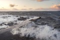 Rough stone coast line, West coast of Ireland, Sligo. Strong powerful wave hist the rocks. Atlantic ocean