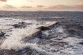 Rough stone coast line, West coast of Ireland, Sligo. Strong powerful wave hist the rocks. Atlantic ocean