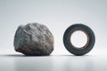 A rough stone next to a modern car tire as a symbol of the evolution of the wheel. Royalty Free Stock Photo