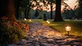 rough stone way illuminated by garden lights surrounded green grass. Royalty Free Stock Photo