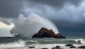 Rough surf crashes against cliff, ominous storm on horizon generated by AI