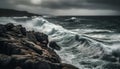 The rough surf crashes against the rocky cliff at dusk generated by AI