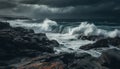 Rough surf crashes against rocky coastline, dramatic sky above generated by AI