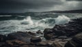Rough surf crashes against wet rocks on dramatic coastline generated by AI