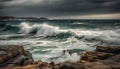 Rough surf crashes on rocky coastline, dramatic sky generated by AI