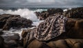 Rough surf crashes on rocky coastline natural beauty generated by AI