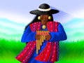 Native Andean musician in a field of Ecuador holding a Pan flute.