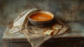The rough texture of a weathered, faded burlap cloth forms the background for a rustic bowl filled with tomato soup, its
