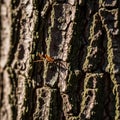 Orange grasshopper is perched on the textured surface, casting a Royalty Free Stock Photo