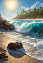 Rough tropical sea with beautiful giant waves with palm trees in the background