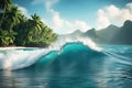 Rough tropical sea with beautiful giant waves with palm trees in the background