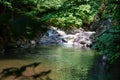 Rough water in the mountains, water flows over the rocks, forest, nature, mountains, waterfall, background Royalty Free Stock Photo