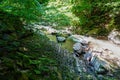 Rough water in the mountains, water flows over the rocks, forest, nature, mountains, waterfall, background Royalty Free Stock Photo