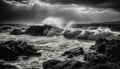 Rough waters edge, dramatic sky, monochrome beauty generated by AI