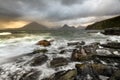 Rough waves crashing on rocky shoreline at Elgol on the Isle of Skye, Scotland, UK.