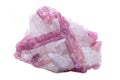 Rough white quartz studded with pink tourmaline crystals, from Brazil isolated on white
