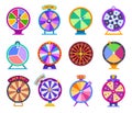 Roulette fortune wheels. Prize roulette wheel, lucky circle and lottery game spins. Casino gaming elements, isolated win Royalty Free Stock Photo