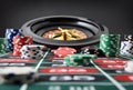 Roulette game table with chips with isolated black background