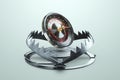 Roulette in a large metal bear trap, close-up. Casino concept, gambling addiction, illness, excitement, debt. 3D render, 3D Royalty Free Stock Photo