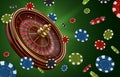 Roulette wheel banner. Gambling game with spin wheel and flying casino chips. Lucky chance game 3D vector Illustration Royalty Free Stock Photo