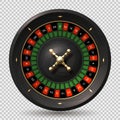 Roulette wheel. 3D realistic casino spin. Gambling equipment, spin circle with red and black cells determines winner on