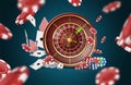 Roulette wheel with flying cards, poker chips and dice. Poker banner. Casino concept. Royalty Free Stock Photo