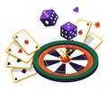 Roulette wheel and play cards, dices, online casino club