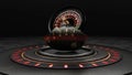 Roulette Wheel And Poker Cards With Royal Flash On Luxury Black Stage - 3D Illustration