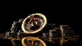 Roulette Wheel, Slot Machine, Four Aces Casino Chips And Coins, Modern Black And Golden Isolated On The Black Background. 3D Royalty Free Stock Photo