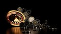 Roulette Wheel, Slot Machine, Four Aces Casino Chips And Coins, Modern Black And Golden Isolated On The Black Background. 3D Royalty Free Stock Photo