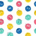 Round abstract comic face seamless pattern. Cute funny background with circle hand drawn emoticon elements for kids