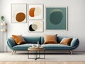 Round accent coffee table against of teal sofa and mock up posters on white wall. Nordic interior design of modern living room. Royalty Free Stock Photo