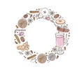 Round Alcoholic drinking frame. Traditional Christmas drink. Mulled wine ingredient set. Doodle Outline vector