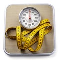 Round Analog Scale with Yellow Measuring Tape and Textured Surface Royalty Free Stock Photo