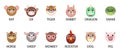 Round Animals faces Set Chinese Zodiac Twelve Signs portraits with names text Icons Cute cartoon illustration flat