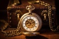 Round antique gold pocket watch with an open lid next to an ancient suitcase, valise. passing time. Collecting antiques Royalty Free Stock Photo