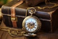 Round antique gold pocket watch with an open lid next to an ancient suitcase, valise. passing time. Collecting antiques