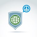 Round antiwar vector icon, green planet on a shield