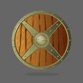 Round armor shield made of wood and metal. Vector war protective element. Royalty Free Stock Photo