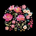 Round arrangement of beautiful embroidered flowers with pink and yellow petals on a black background. Magic vector illustration