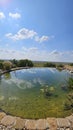 Round artificial pond with fish in the garden of a country house. Royalty Free Stock Photo