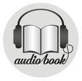 Round audio book icon with earphones and paper book