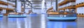 Round autonomous robots navigating warehouse floor