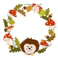 Round autumn frame with cartoon fly agaric a kind hedgehog Royalty Free Stock Photo