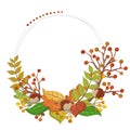 Round autumn frame illustration with leaf, branch, berry